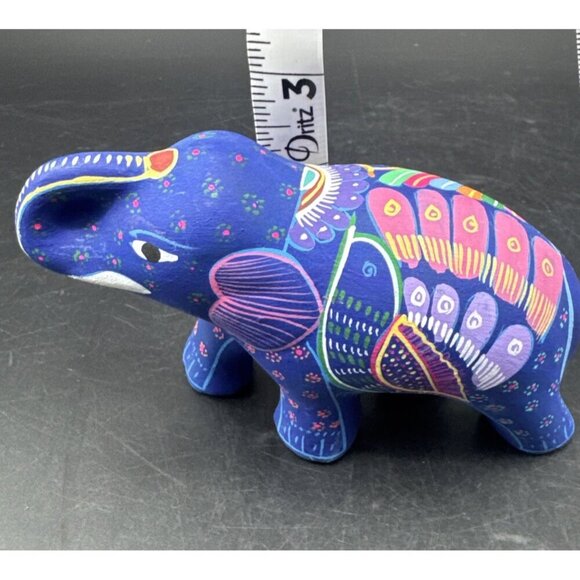 VTG Mexican Pottery Hand Painted Colorful Elephant Figurine Trunk Up 4” - Picture 8 of 8